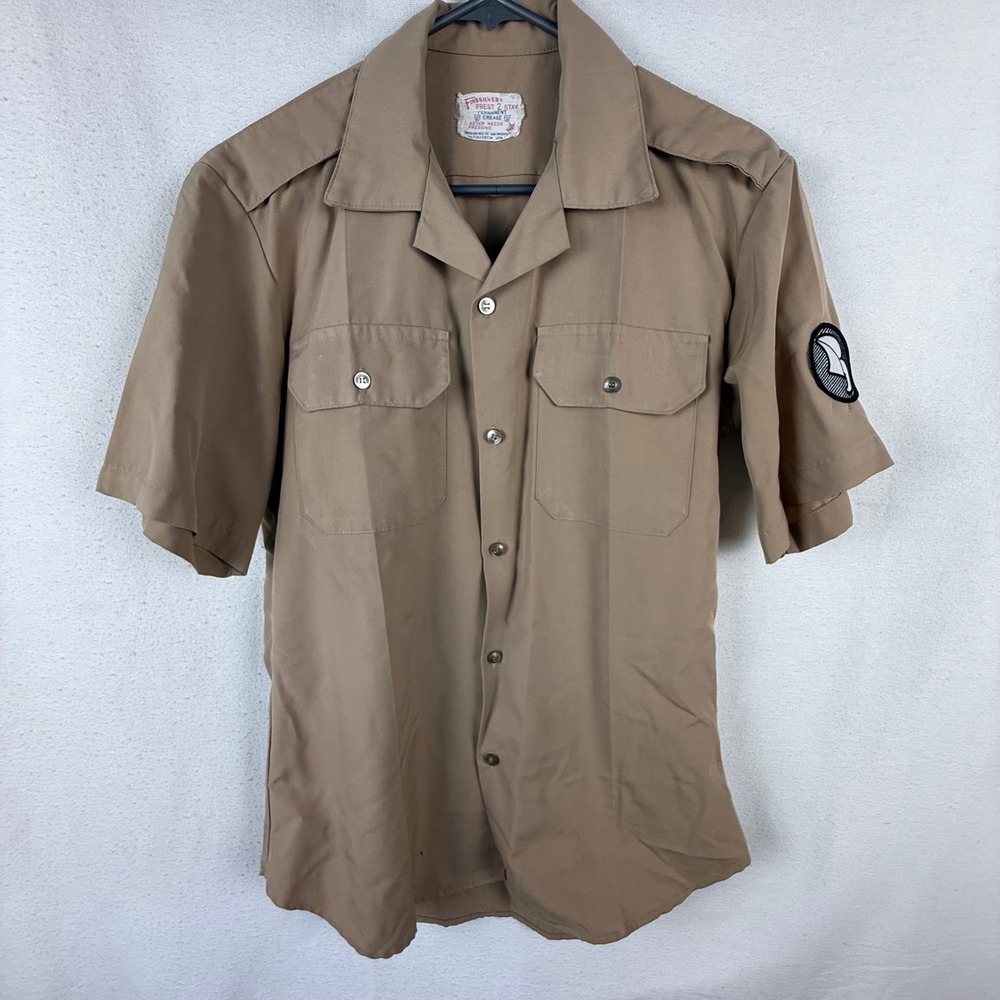 Finesilver Shirt Womens M Tan Prest 2 Stay Vintage Short Sleeve Utility Patch